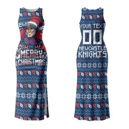Personalized Newcastle Knights Christmas Couples Matching Tank Maxi Dress and Long Sleeve Button Shirt Australian Rugby Fans - Pixelated Ugly Xmas Pattern Mascot Santa