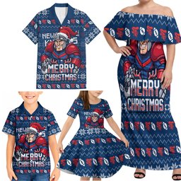 Personalized Newcastle Knights Christmas Family Matching Off Shoulder Maxi Dress and Hawaiian Shirt Australian Rugby Fans - Pixelated Ugly Xmas Pattern Mascot Santa