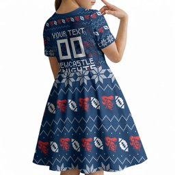 Personalized Newcastle Knights Christmas Kid Short Sleeve Dress Australian Rugby Fans - Pixelated Ugly Xmas Pattern Mascot Santa