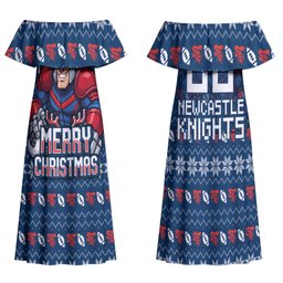 Personalized Newcastle Knights Christmas Family Matching Off Shoulder Maxi Dress and Hawaiian Shirt Australian Rugby Fans - Pixelated Ugly Xmas Pattern Mascot Santa