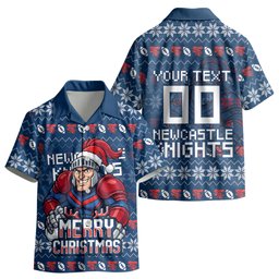 Personalized Newcastle Knights Christmas Kid Hawaiian Shirt Australian Rugby Fans - Pixelated Ugly Xmas Pattern Mascot Santa