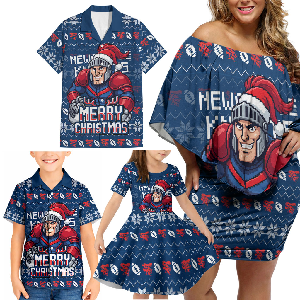 Personalized Newcastle Knights Christmas Family Matching Off Shoulder Short Dress and Hawaiian Shirt Australian Rugby Fans - Pixelated Ugly Xmas Pattern Mascot Santa