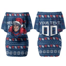 Personalized Newcastle Knights Christmas Family Matching Off Shoulder Short Dress and Hawaiian Shirt Australian Rugby Fans - Pixelated Ugly Xmas Pattern Mascot Santa