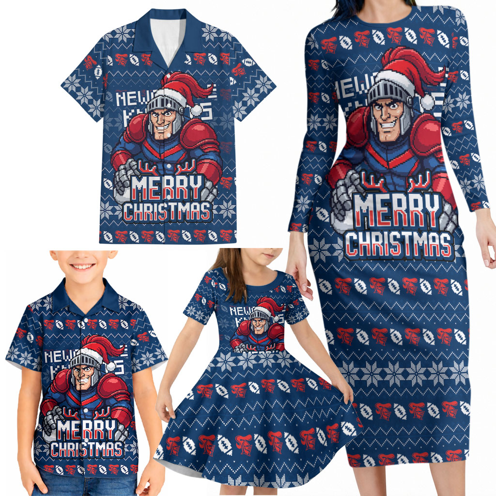 Personalized Newcastle Knights Christmas Family Matching Long Sleeve Bodycon Dress and Hawaiian Shirt Australian Rugby Fans - Pixelated Ugly Xmas Pattern Mascot Santa