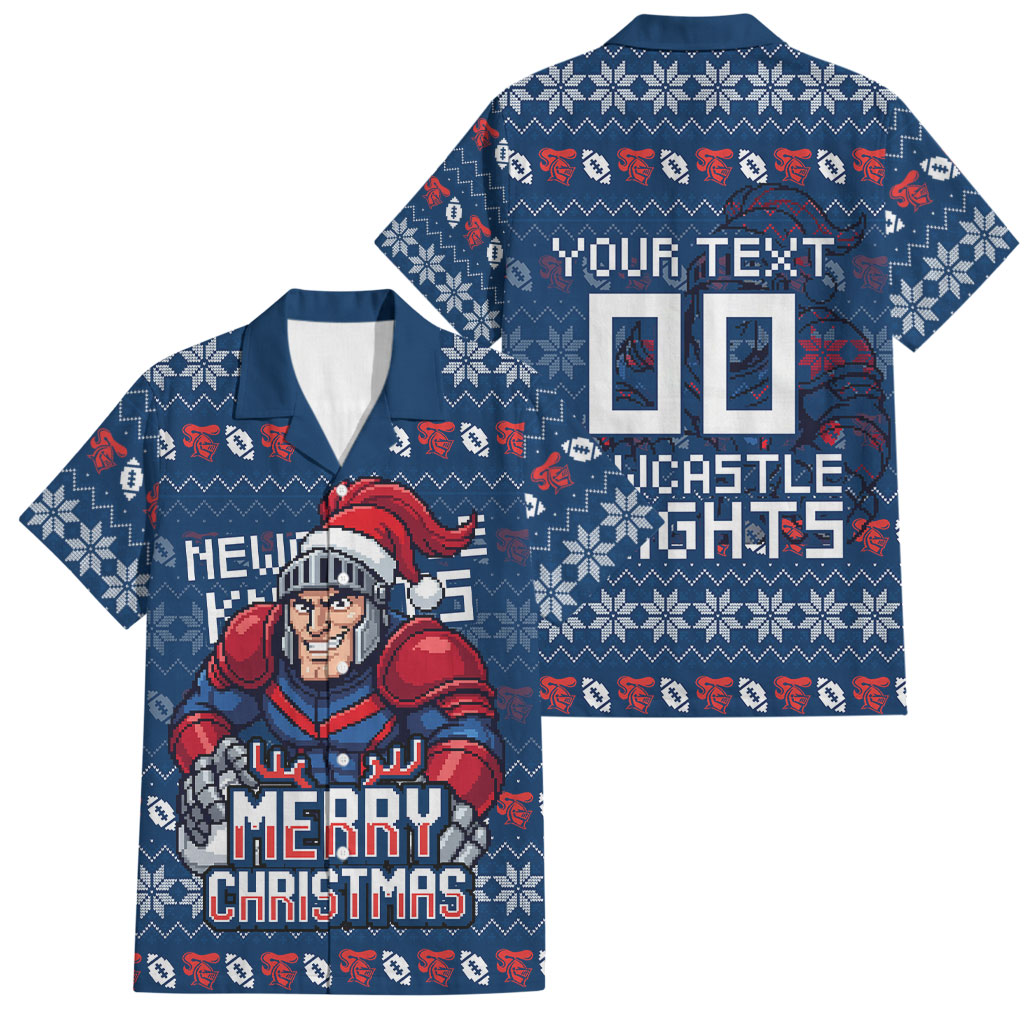Personalized Newcastle Knights Christmas Family Matching Off Shoulder Short Dress and Hawaiian Shirt Australian Rugby Fans - Pixelated Ugly Xmas Pattern Mascot Santa