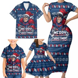 Personalized Newcastle Knights Christmas Family Matching Short Sleeve Bodycon Dress and Hawaiian Shirt Australian Rugby Fans - Pixelated Ugly Xmas Pattern Mascot Santa