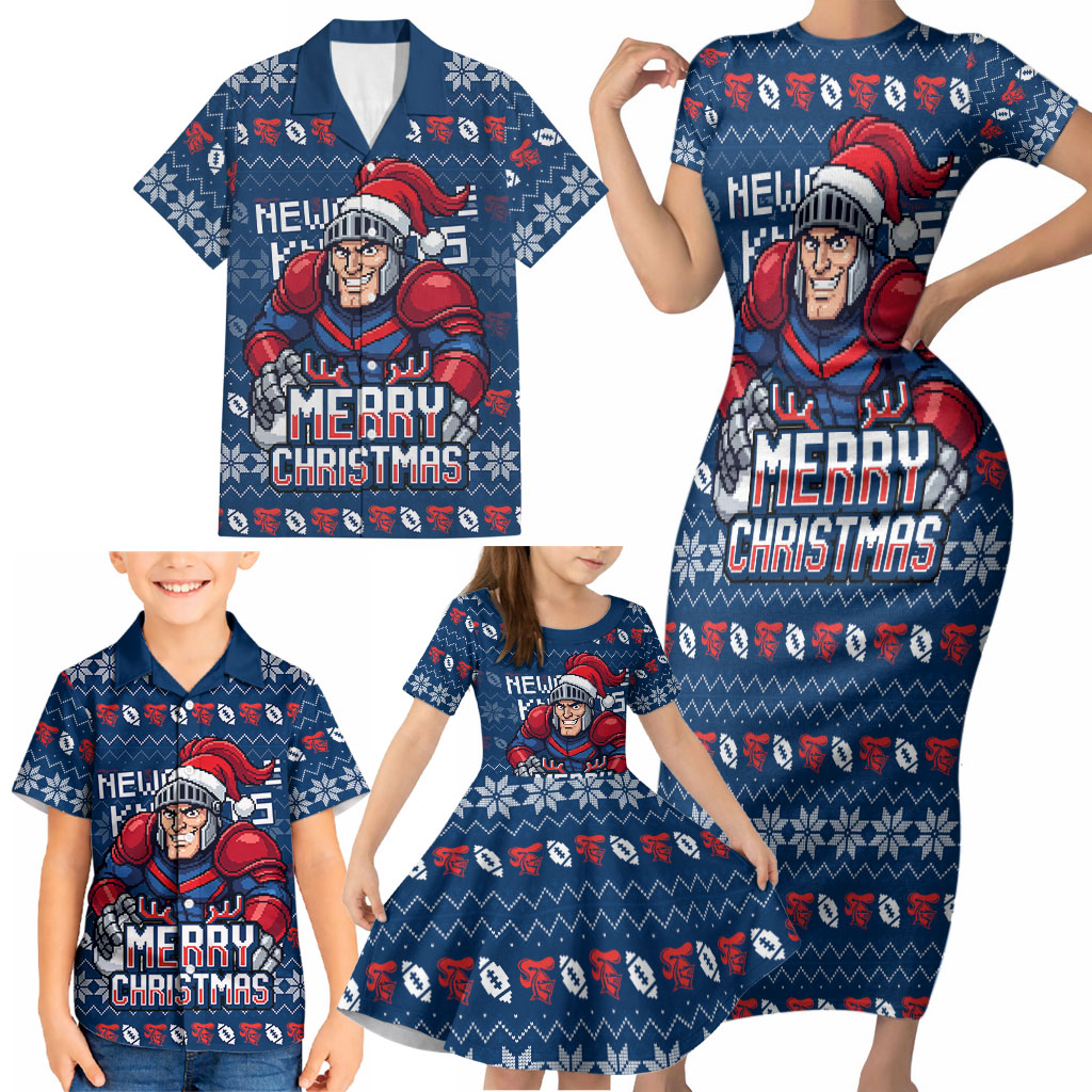 Personalized Newcastle Knights Christmas Family Matching Short Sleeve Bodycon Dress and Hawaiian Shirt Australian Rugby Fans - Pixelated Ugly Xmas Pattern Mascot Santa