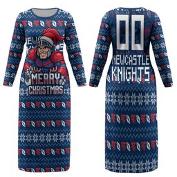 Personalized Newcastle Knights Christmas Family Matching Long Sleeve Bodycon Dress and Hawaiian Shirt Australian Rugby Fans - Pixelated Ugly Xmas Pattern Mascot Santa