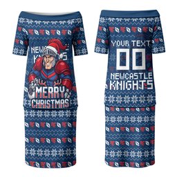 Personalized Newcastle Knights Christmas Family Matching Puletasi and Hawaiian Shirt Australian Rugby Fans - Pixelated Ugly Xmas Pattern Mascot Santa