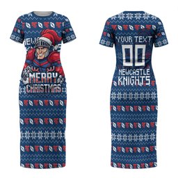 Personalized Newcastle Knights Christmas Family Matching Short Sleeve Bodycon Dress and Hawaiian Shirt Australian Rugby Fans - Pixelated Ugly Xmas Pattern Mascot Santa