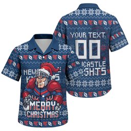 Personalized Newcastle Knights Christmas Family Matching Off Shoulder Short Dress and Hawaiian Shirt Australian Rugby Fans - Pixelated Ugly Xmas Pattern Mascot Santa