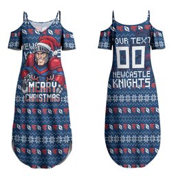 Personalized Newcastle Knights Christmas Family Matching Summer Maxi Dress and Hawaiian Shirt Australian Rugby Fans - Pixelated Ugly Xmas Pattern Mascot Santa