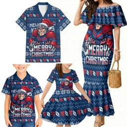 Personalized Newcastle Knights Christmas Family Matching Mermaid Dress and Hawaiian Shirt Australian Rugby Fans - Pixelated Ugly Xmas Pattern Mascot Santa