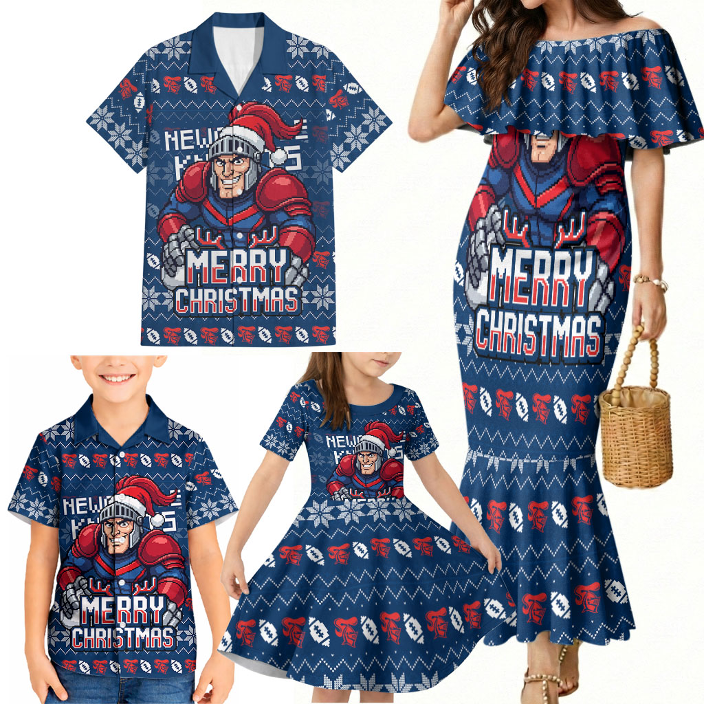 Personalized Newcastle Knights Christmas Family Matching Mermaid Dress and Hawaiian Shirt Australian Rugby Fans - Pixelated Ugly Xmas Pattern Mascot Santa