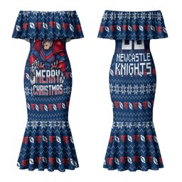 Personalized Newcastle Knights Christmas Family Matching Mermaid Dress and Hawaiian Shirt Australian Rugby Fans - Pixelated Ugly Xmas Pattern Mascot Santa