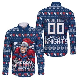 Personalized Newcastle Knights Christmas Family Matching Summer Maxi Dress and Hawaiian Shirt Australian Rugby Fans - Pixelated Ugly Xmas Pattern Mascot Santa