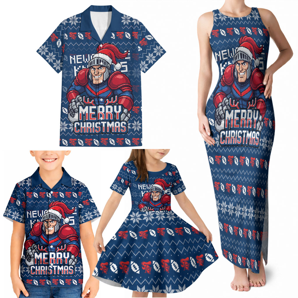 Personalized Newcastle Knights Christmas Family Matching Tank Maxi Dress and Hawaiian Shirt Australian Rugby Fans - Pixelated Ugly Xmas Pattern Mascot Santa