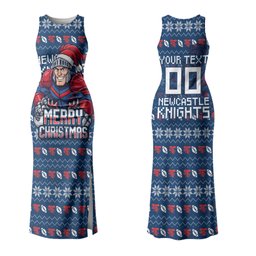 Personalized Newcastle Knights Christmas Family Matching Tank Maxi Dress and Hawaiian Shirt Australian Rugby Fans - Pixelated Ugly Xmas Pattern Mascot Santa