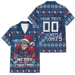 Personalized Newcastle Knights Christmas Family Matching Tank Maxi Dress and Hawaiian Shirt Australian Rugby Fans - Pixelated Ugly Xmas Pattern Mascot Santa