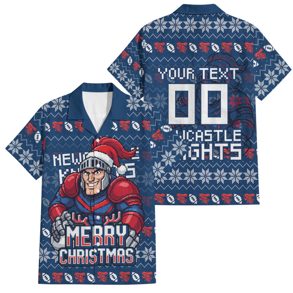 Personalized Newcastle Knights Christmas Family Matching Tank Maxi Dress and Hawaiian Shirt Australian Rugby Fans - Pixelated Ugly Xmas Pattern Mascot Santa