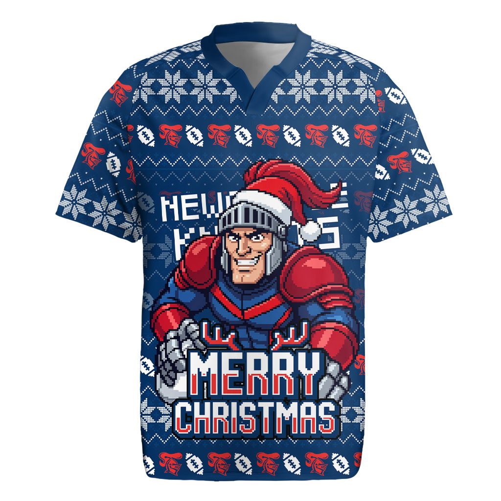 Personalized Newcastle Knights Christmas Rugby Jersey Australian Rugby Fans - Pixelated Ugly Xmas Pattern Mascot Santa