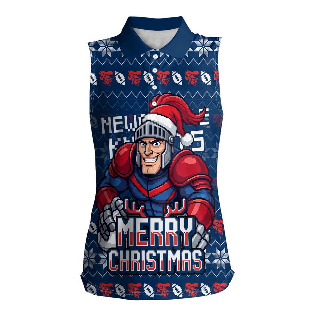 Personalized Newcastle Knights Christmas Women Sleeveless Polo Shirt Australian Rugby Fans - Pixelated Ugly Xmas Pattern Mascot Santa
