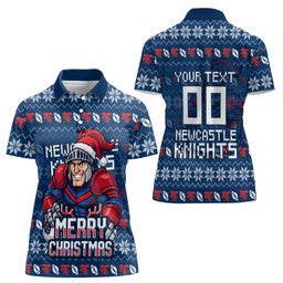 Personalized Newcastle Knights Christmas Women Polo Shirt Australian Rugby Fans - Pixelated Ugly Xmas Pattern Mascot Santa