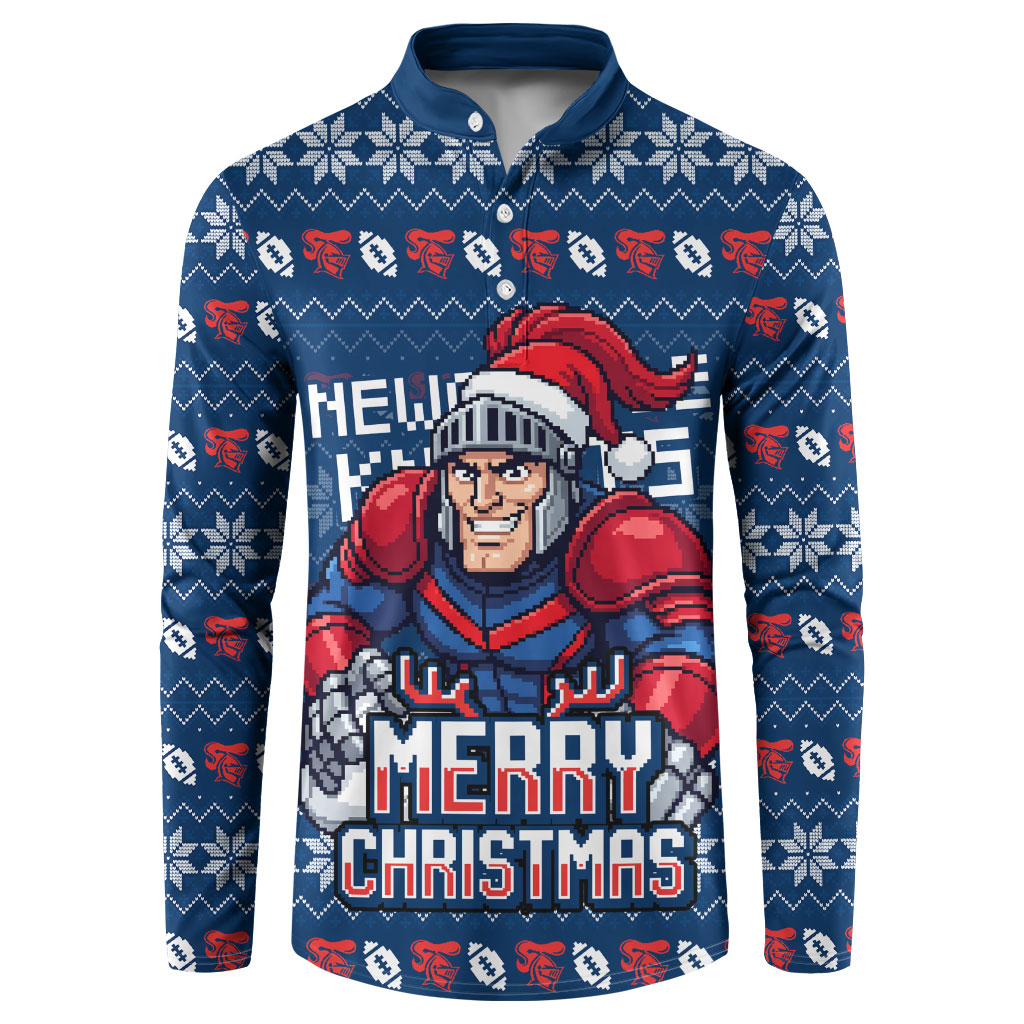 Personalized Newcastle Knights Christmas Button Sweatshirt Australian Rugby Fans - Pixelated Ugly Xmas Pattern Mascot Santa