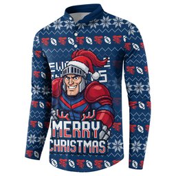 Personalized Newcastle Knights Christmas Button Sweatshirt Australian Rugby Fans - Pixelated Ugly Xmas Pattern Mascot Santa