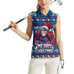 Personalized Newcastle Knights Christmas Women Sleeveless Polo Shirt Australian Rugby Fans - Pixelated Ugly Xmas Pattern Mascot Santa