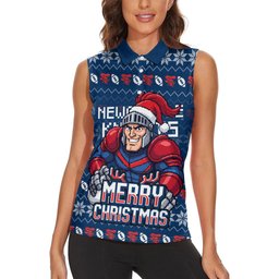 Personalized Newcastle Knights Christmas Women Sleeveless Polo Shirt Australian Rugby Fans - Pixelated Ugly Xmas Pattern Mascot Santa