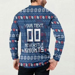 Personalized Newcastle Knights Christmas Button Sweatshirt Australian Rugby Fans - Pixelated Ugly Xmas Pattern Mascot Santa