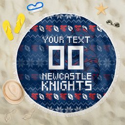 Personalized Newcastle Knights Christmas Beach Blanket Australian Rugby Fans - Pixelated Ugly Xmas Pattern Mascot Santa