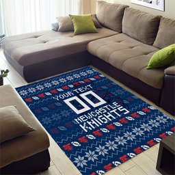 Personalized Newcastle Knights Christmas Area Rug Australian Rugby Fans - Pixelated Ugly Xmas Pattern Mascot Santa