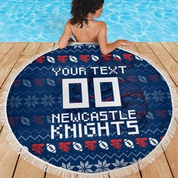 Personalized Newcastle Knights Christmas Beach Blanket Australian Rugby Fans - Pixelated Ugly Xmas Pattern Mascot Santa