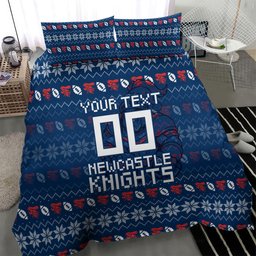 Personalized Newcastle Knights Christmas Bedding Set Australian Rugby Fans - Pixelated Ugly Xmas Pattern Mascot Santa