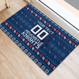 Personalized Newcastle Knights Christmas Rubber Doormat Australian Rugby Fans - Pixelated Ugly Xmas Pattern Mascot Santa
