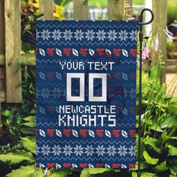Personalized Newcastle Knights Christmas Garden Flag Australian Rugby Fans - Pixelated Ugly Xmas Pattern Mascot Santa