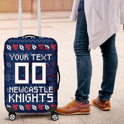 Personalized Newcastle Knights Christmas Luggage Cover Australian Rugby Fans - Pixelated Ugly Xmas Pattern Mascot Santa