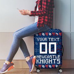 Personalized Newcastle Knights Christmas Luggage Cover Australian Rugby Fans - Pixelated Ugly Xmas Pattern Mascot Santa
