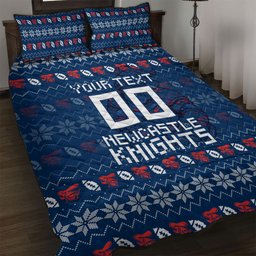 Personalized Newcastle Knights Christmas Quilt Bed Set Australian Rugby Fans - Pixelated Ugly Xmas Pattern Mascot Santa