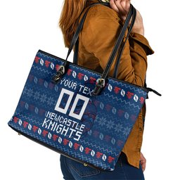 Personalized Newcastle Knights Christmas Leather Tote Bag Australian Rugby Fans - Pixelated Ugly Xmas Pattern Mascot Santa