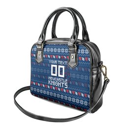 Personalized Newcastle Knights Christmas Shoulder Handbag Australian Rugby Fans - Pixelated Ugly Xmas Pattern Mascot Santa