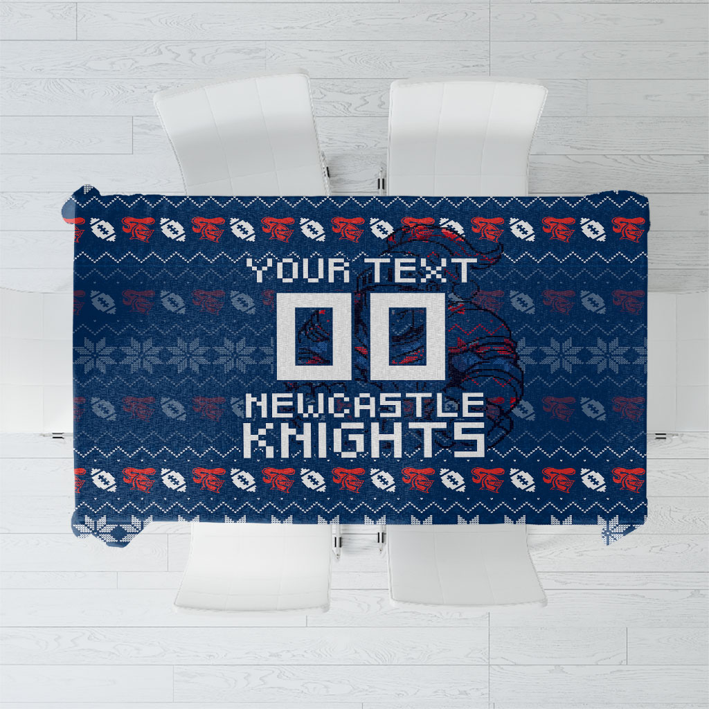 Personalized Newcastle Knights Christmas Tablecloth Australian Rugby Fans - Pixelated Ugly Xmas Pattern Mascot Santa