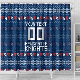 Personalized Newcastle Knights Christmas Shower Curtain Australian Rugby Fans - Pixelated Ugly Xmas Pattern Mascot Santa
