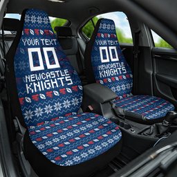 Personalized Newcastle Knights Christmas Car Seat Cover Australian Rugby Fans - Pixelated Ugly Xmas Pattern Mascot Santa