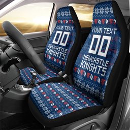 Personalized Newcastle Knights Christmas Car Seat Cover Australian Rugby Fans - Pixelated Ugly Xmas Pattern Mascot Santa