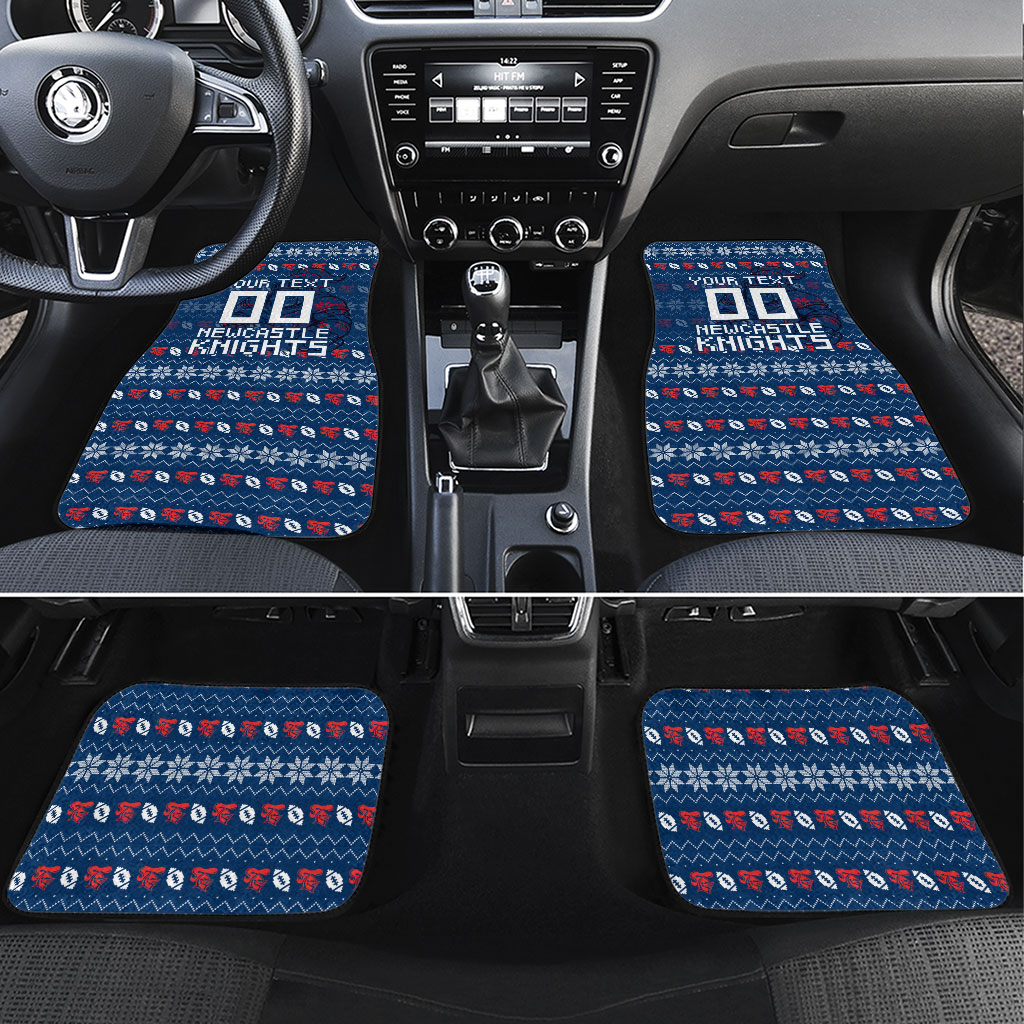 Personalized Newcastle Knights Christmas Car Mats Australian Rugby Fans - Pixelated Ugly Xmas Pattern Mascot Santa
