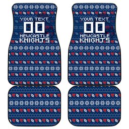 Personalized Newcastle Knights Christmas Car Mats Australian Rugby Fans - Pixelated Ugly Xmas Pattern Mascot Santa