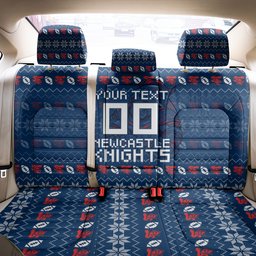 Personalized Newcastle Knights Christmas Back Car Seat Cover Australian Rugby Fans - Pixelated Ugly Xmas Pattern Mascot Santa